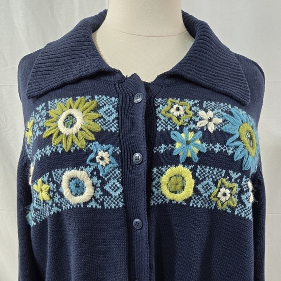CJ Banks 100% Cotton Navy Blue Floral Embroidered Cardigan Grandmacore - Picture 4 of 8